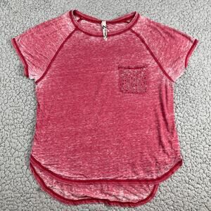 Seven7 Studded Burnout Shirt Womens Large Red Sheer Short Sleeve Pocket Tee